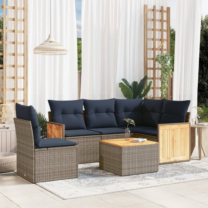 5-teiliges Gartensofa-Set mit Kissen, schwarzes Polyrattan