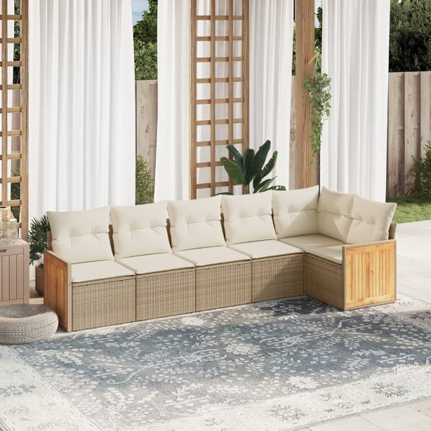 6-tlg. Garten-Sofagarnitur mit Kissen Schwarz Poly Rattan