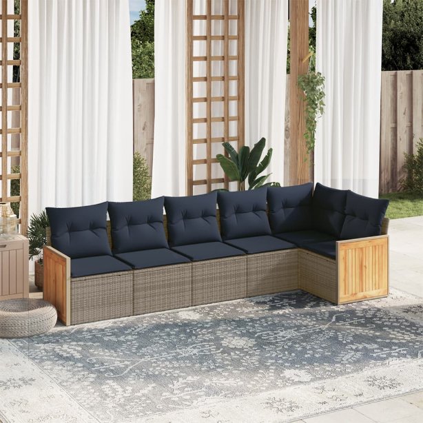 6-teiliges Gartensofa-Set mit Kissen, schwarzes Polyrattan