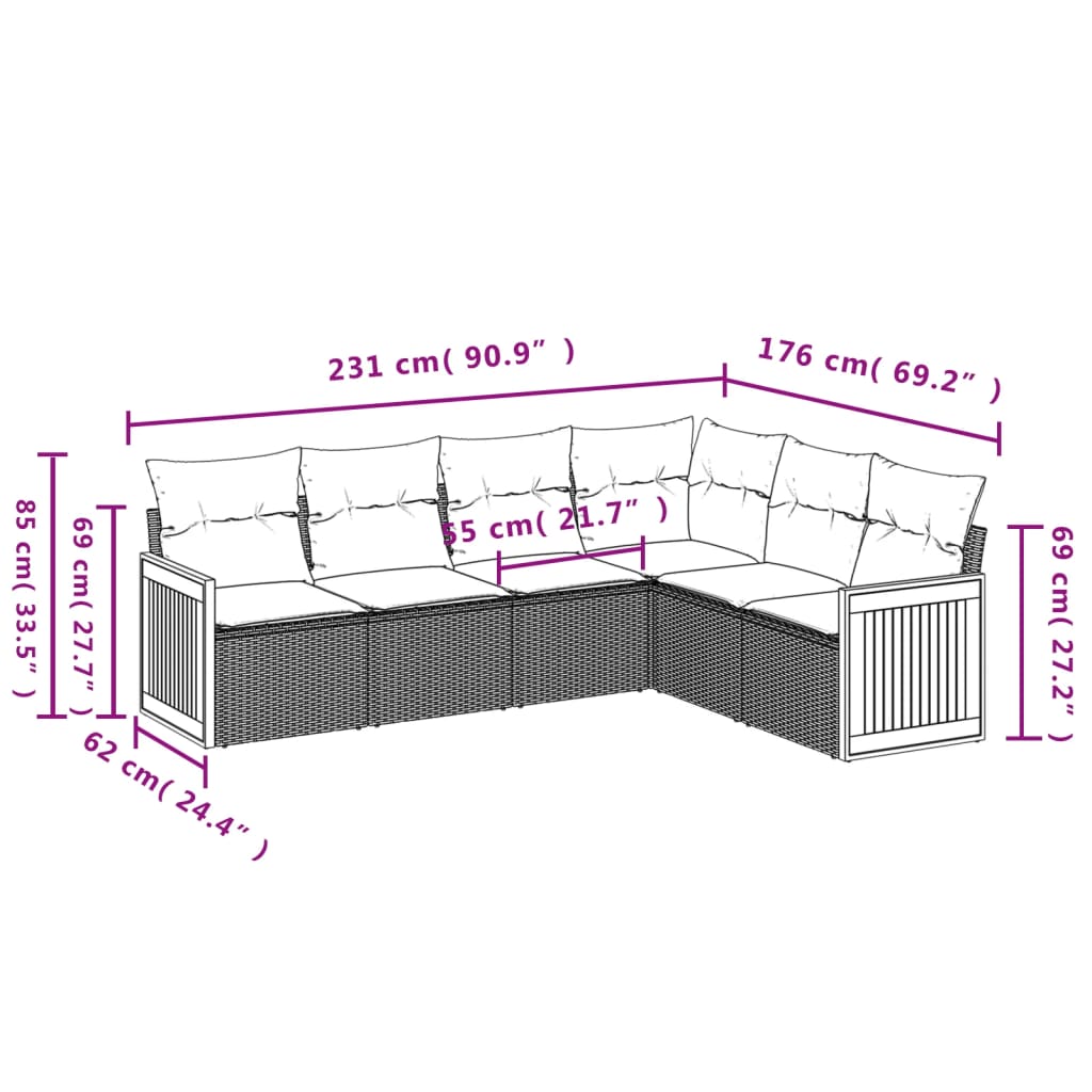 6-teiliges Gartensofa-Set mit Kissen, schwarzes Polyrattan