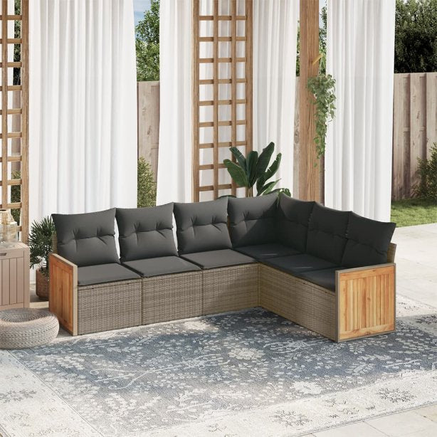 6-tlg. Garten-Sofagarnitur mit Kissen Schwarz Poly Rattan