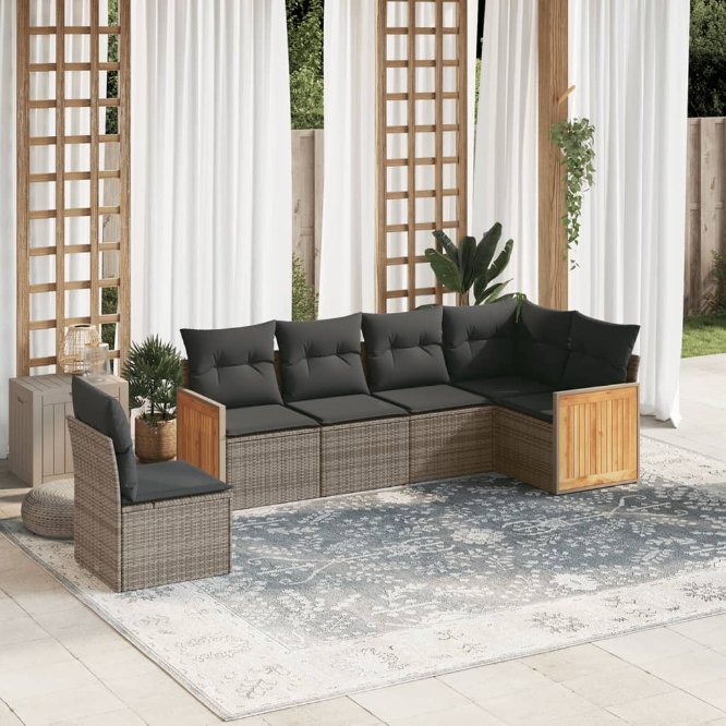 6-tlg. Garten-Sofagarnitur mit Kissen Schwarz Poly Rattan