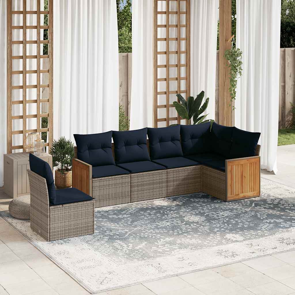 6-teiliges Gartensofa-Set mit Kissen, schwarzes Polyrattan