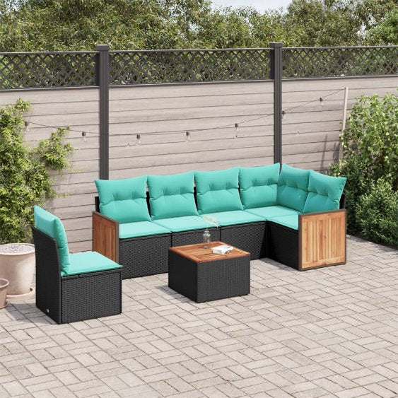 6-teiliges Gartensofa-Set mit Kissen, schwarzes Polyrattan