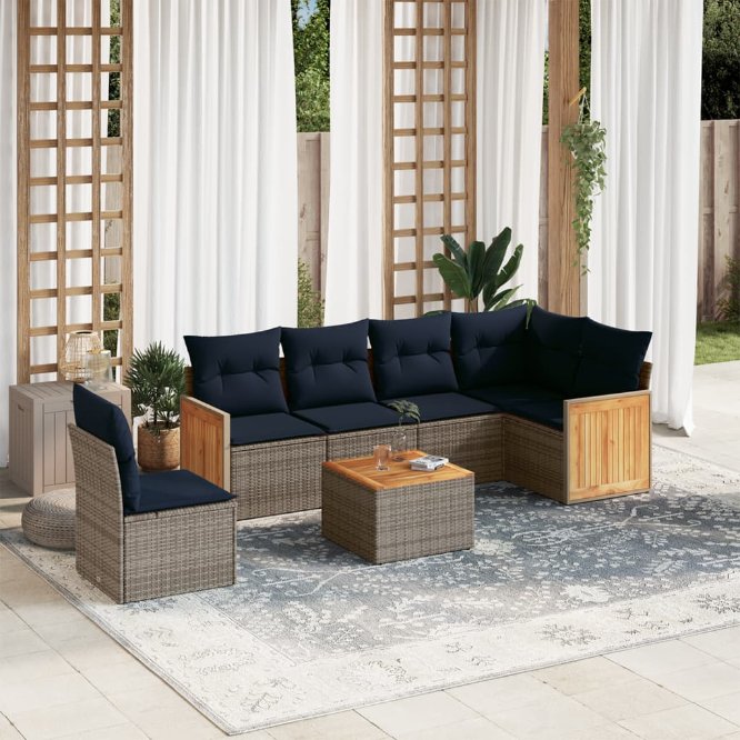6-teiliges Gartensofa-Set mit Kissen, schwarzes Polyrattan