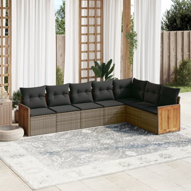 7-tlg. Garten-Sofagarnitur mit Kissen Schwarz Poly Rattan