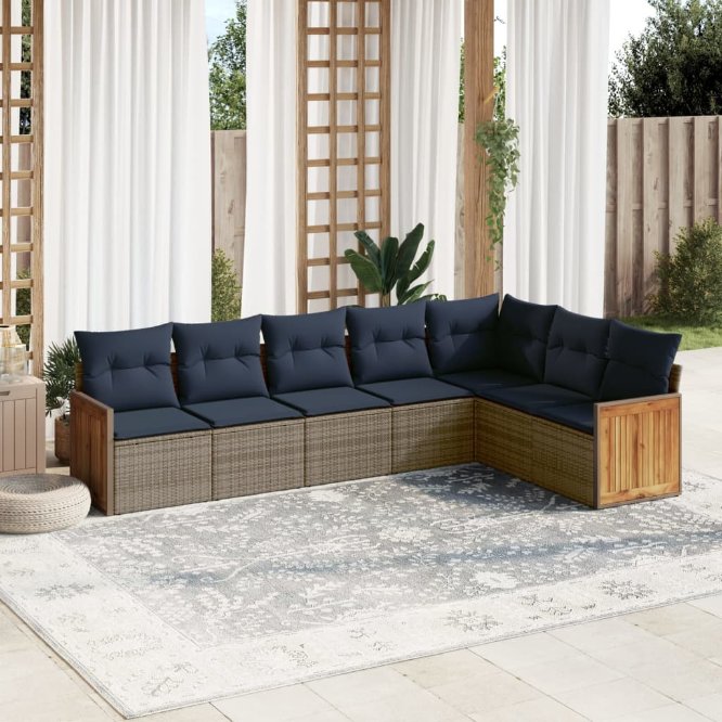 7-teiliges Gartensofa-Set mit Kissen, schwarzes Polyrattan