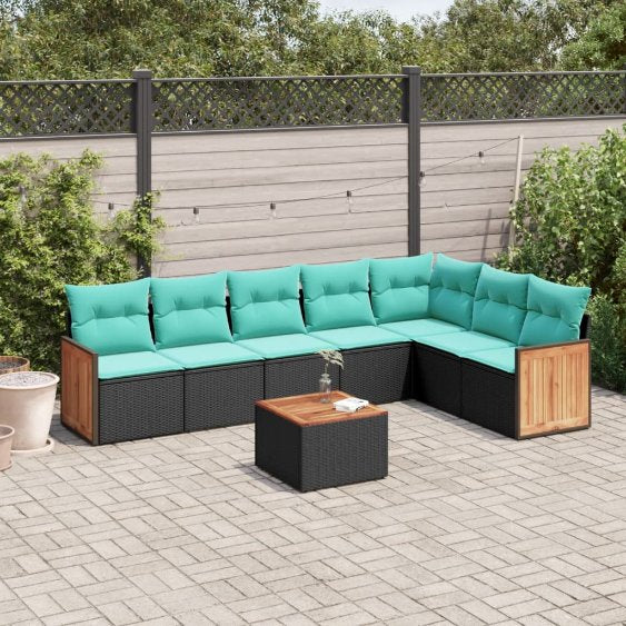 7-teiliges Gartensofa-Set mit Kissen, schwarzes Polyrattan