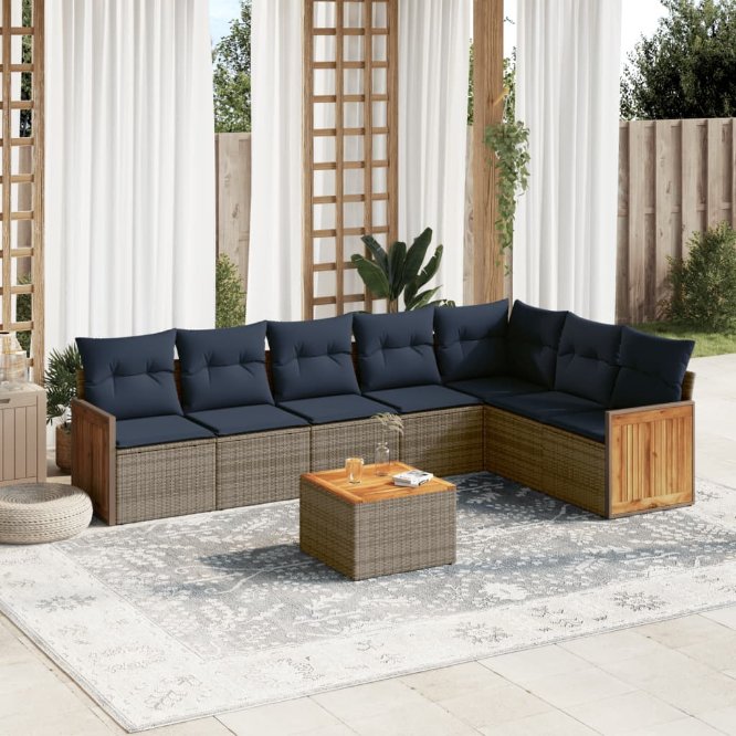 7-teiliges Gartensofa-Set mit Kissen, schwarzes Polyrattan