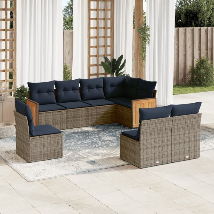 8-teiliges Gartensofa-Set mit Kissen, schwarzes Polyrattan