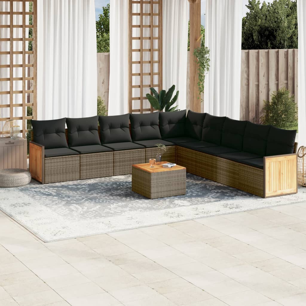 9-tlg. Garten-Sofagarnitur mit Kissen Schwarz Poly Rattan