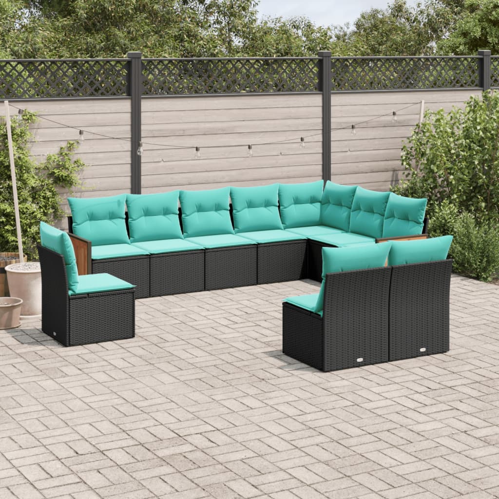 vidaXL 10-teiliges Gartensofa-Set mit Kissen, schwarzes Polyrattan