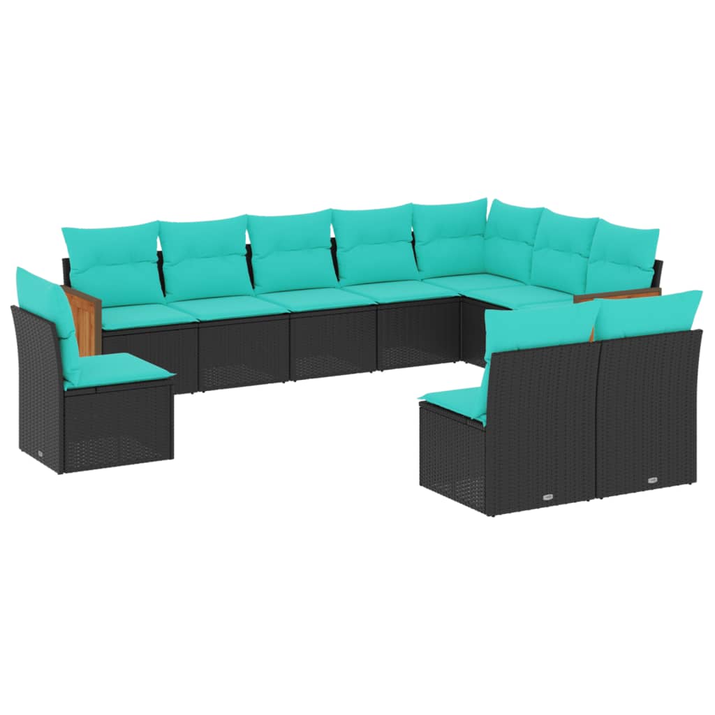 vidaXL 10-teiliges Gartensofa-Set mit Kissen, schwarzes Polyrattan