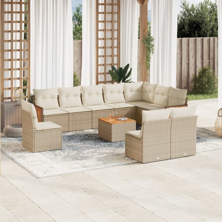 vidaXL 10-tlg. Garten-Sofagarnitur mit Kissen Schwarz Poly Rattan