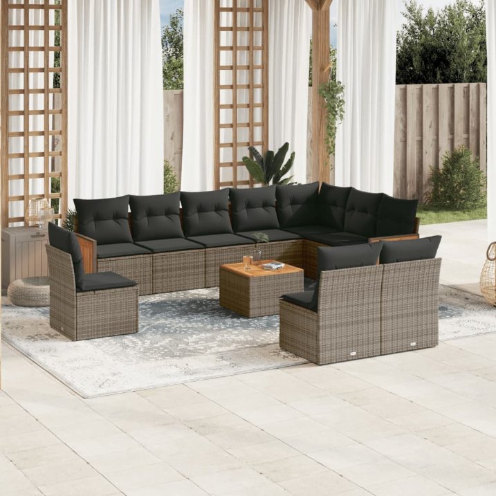 vidaXL 10-tlg. Garten-Sofagarnitur mit Kissen Schwarz Poly Rattan