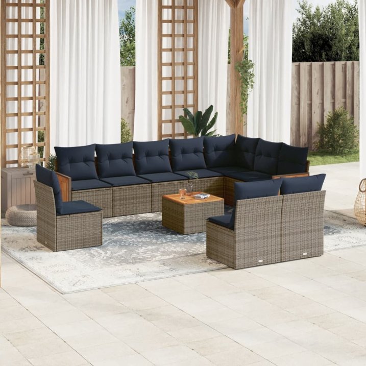 vidaXL 10-teiliges Gartensofa-Set mit Kissen, schwarzes Polyrattan