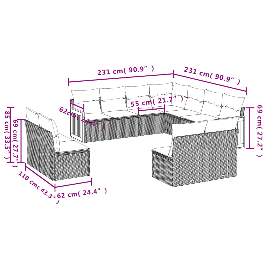 vidaXL 11-teiliges Gartensofa-Set mit Kissen, schwarzes Polyrattan