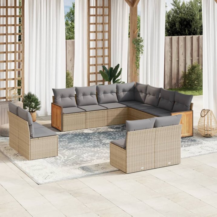 11-tlg. Garten-Sofagarnitur mit Kissen Schwarz Poly Rattan