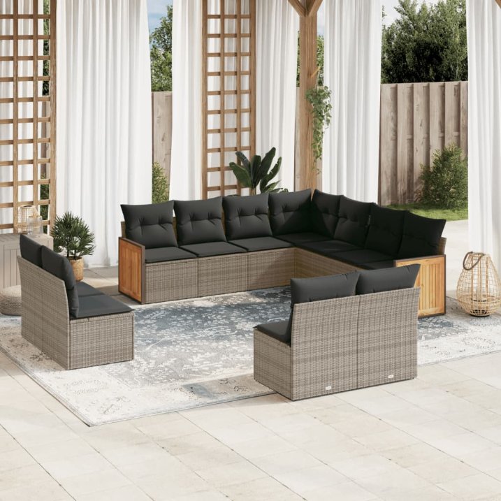 11-tlg. Garten-Sofagarnitur mit Kissen Schwarz Poly Rattan