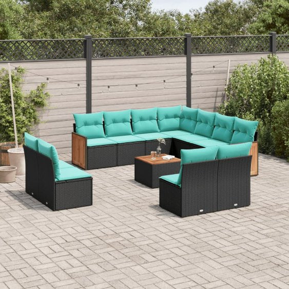 vidaXL 11-teiliges Gartensofa-Set mit Kissen, schwarzes Polyrattan