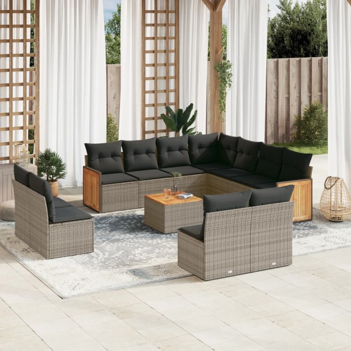 11-tlg. Garten-Sofagarnitur mit Kissen Schwarz Poly Rattan