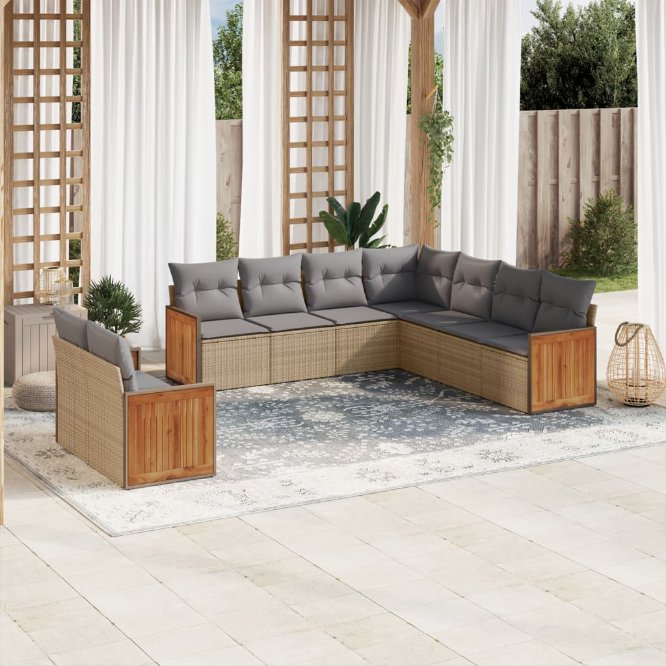9-tlg. Garten-Sofagarnitur mit Kissen Schwarz Poly Rattan
