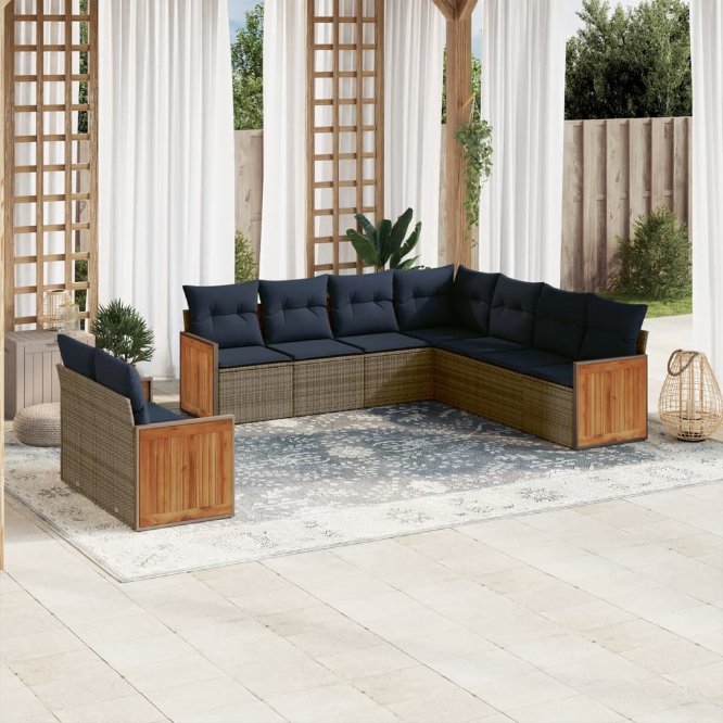9-teiliges Gartensofa-Set mit Kissen, schwarzes Polyrattan