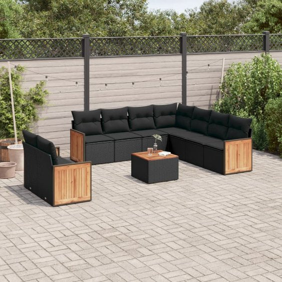 9-tlg. Garten-Sofagarnitur mit Kissen Schwarz Poly Rattan