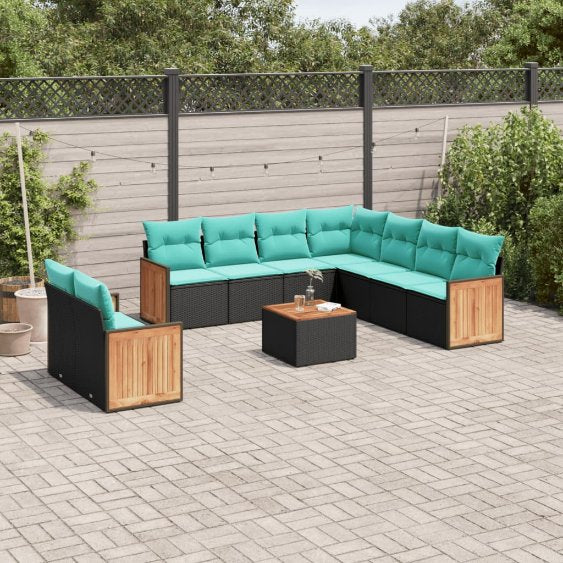 9-teiliges Gartensofa-Set mit Kissen, schwarzes Polyrattan