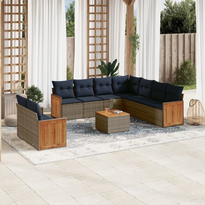 9-teiliges Gartensofa-Set mit Kissen, schwarzes Polyrattan