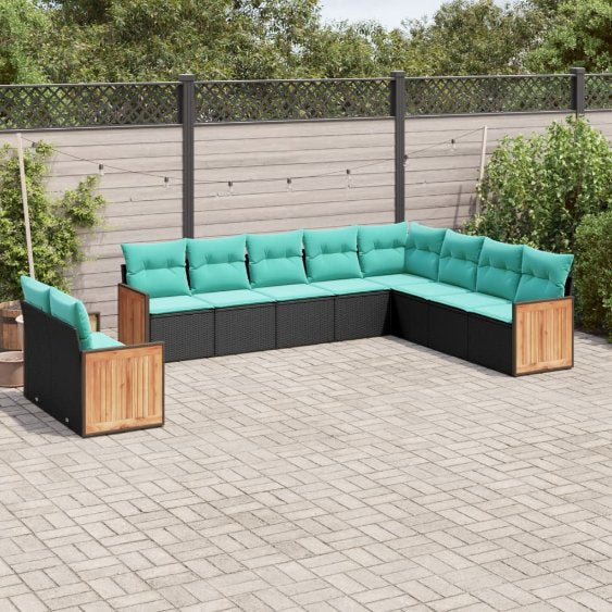 vidaXL 10-teiliges Gartensofa-Set mit Kissen, schwarzes Polyrattan