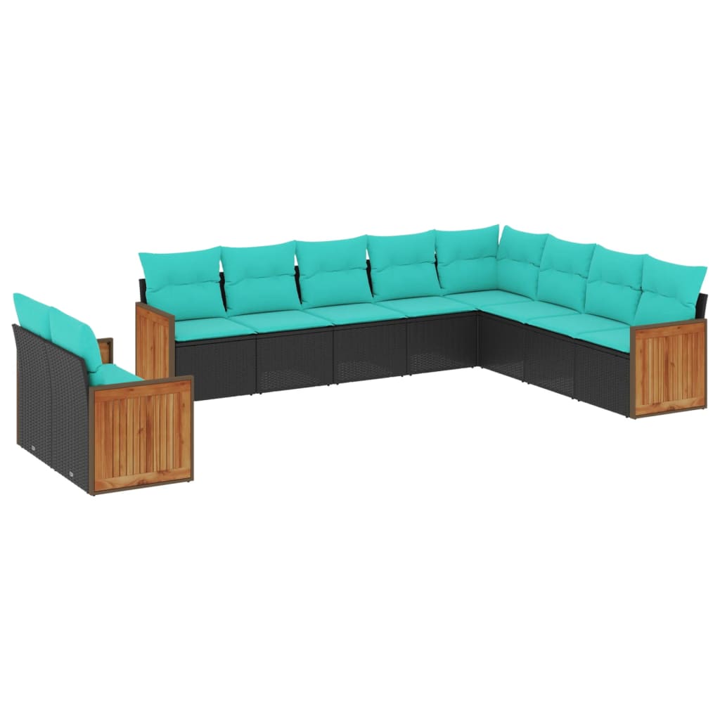 vidaXL 10-teiliges Gartensofa-Set mit Kissen, schwarzes Polyrattan