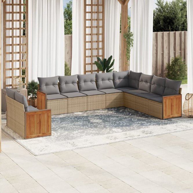 vidaXL 10-tlg. Garten-Sofagarnitur mit Kissen Schwarz Poly Rattan
