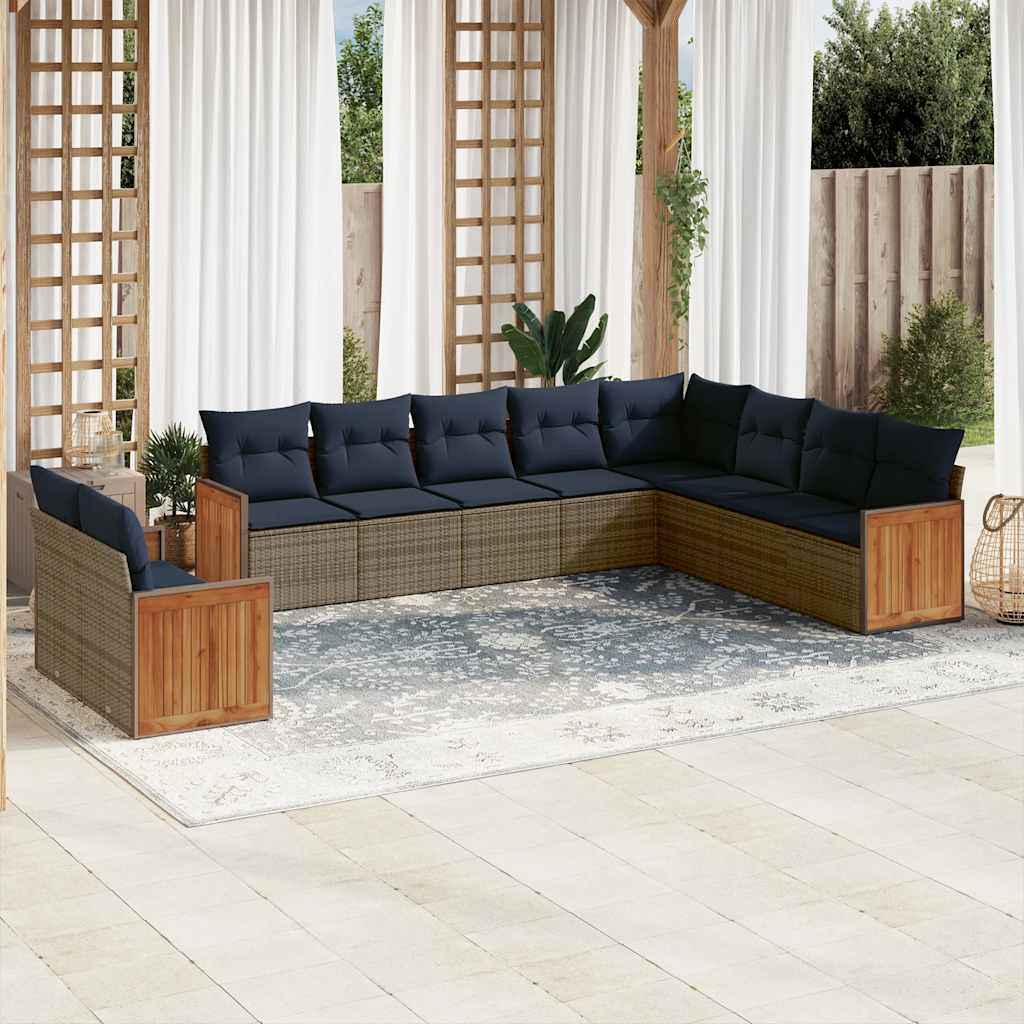 vidaXL 10-teiliges Gartensofa-Set mit Kissen, schwarzes Polyrattan