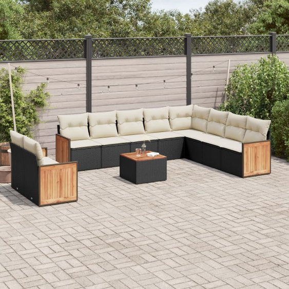 vidaXL 10-tlg. Garten-Sofagarnitur mit Kissen Schwarz Poly Rattan