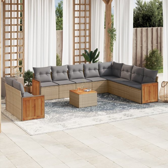 vidaXL 10-tlg. Garten-Sofagarnitur mit Kissen Schwarz Poly Rattan