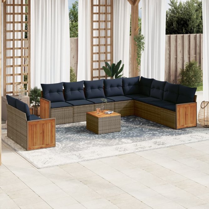 vidaXL 10-teiliges Gartensofa-Set mit Kissen, schwarzes Polyrattan