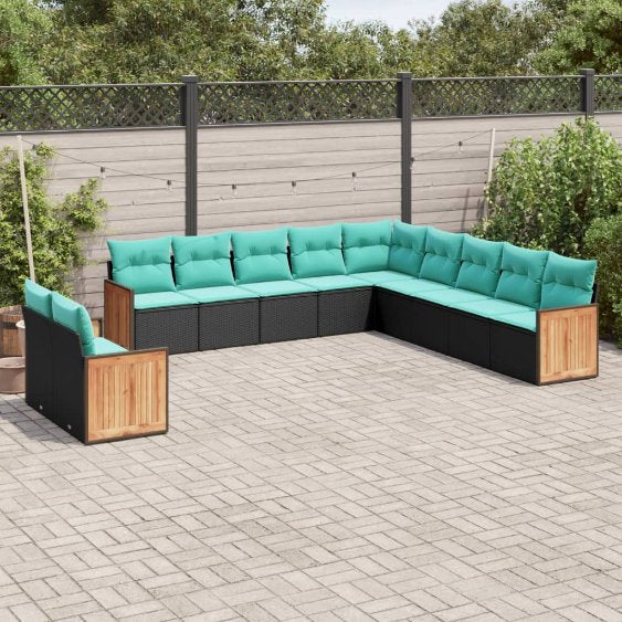 vidaXL 11-teiliges Gartensofa-Set mit Kissen, schwarzes Polyrattan