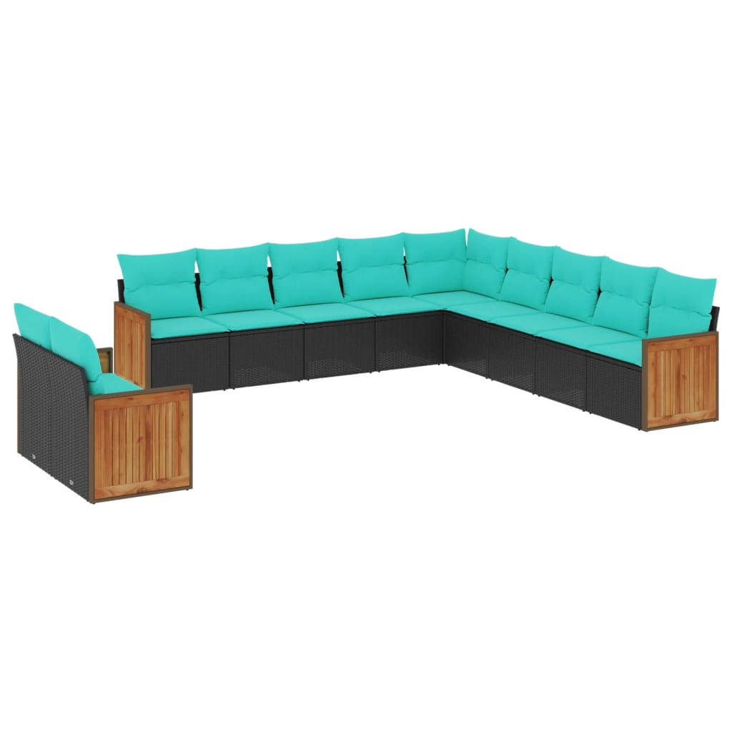 vidaXL 11-teiliges Gartensofa-Set mit Kissen, schwarzes Polyrattan