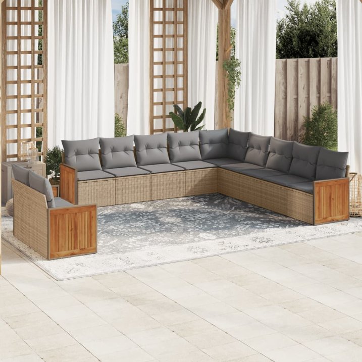 11-tlg. Garten-Sofagarnitur mit Kissen Schwarz Poly Rattan