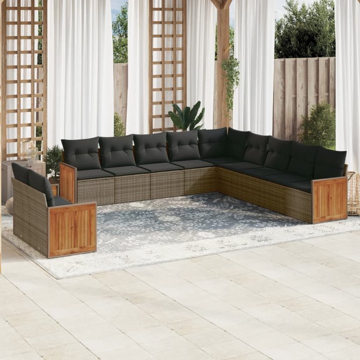 11-tlg. Garten-Sofagarnitur mit Kissen Schwarz Poly Rattan