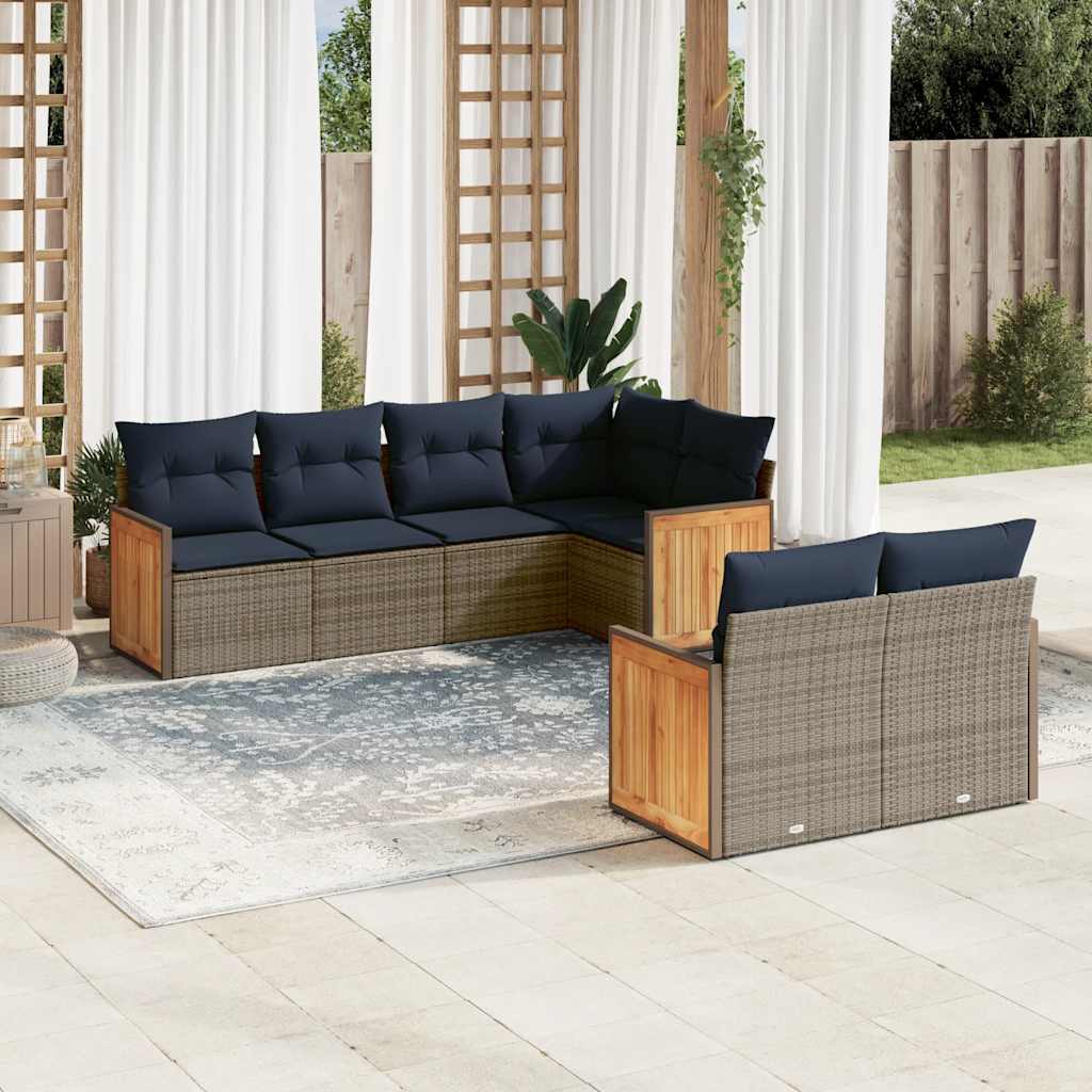 7-teiliges Gartensofa-Set mit Kissen, schwarzes Polyrattan