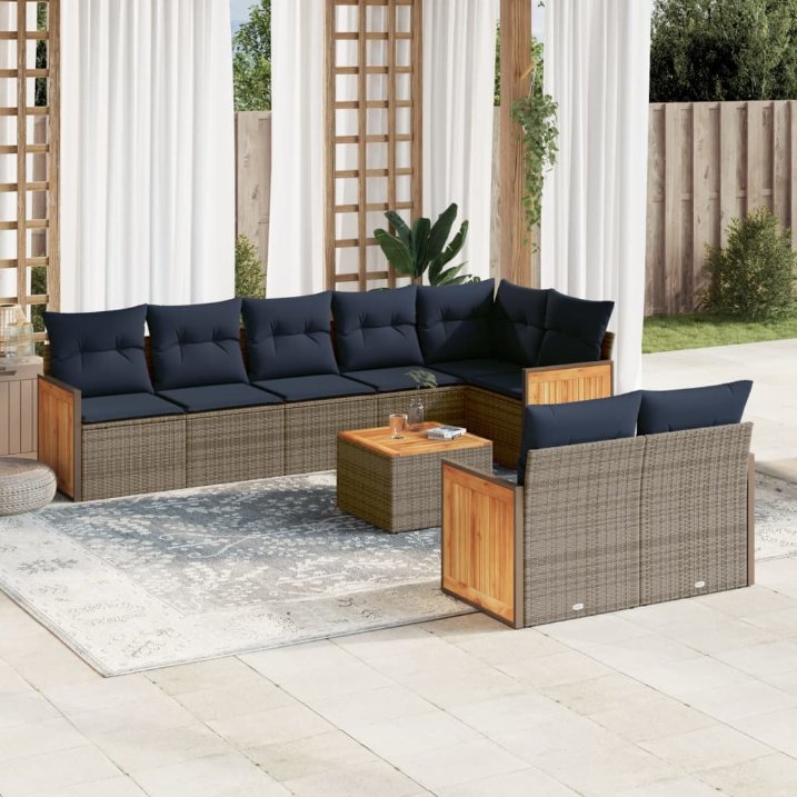 8-teiliges Gartensofa-Set mit Kissen, schwarzes Polyrattan