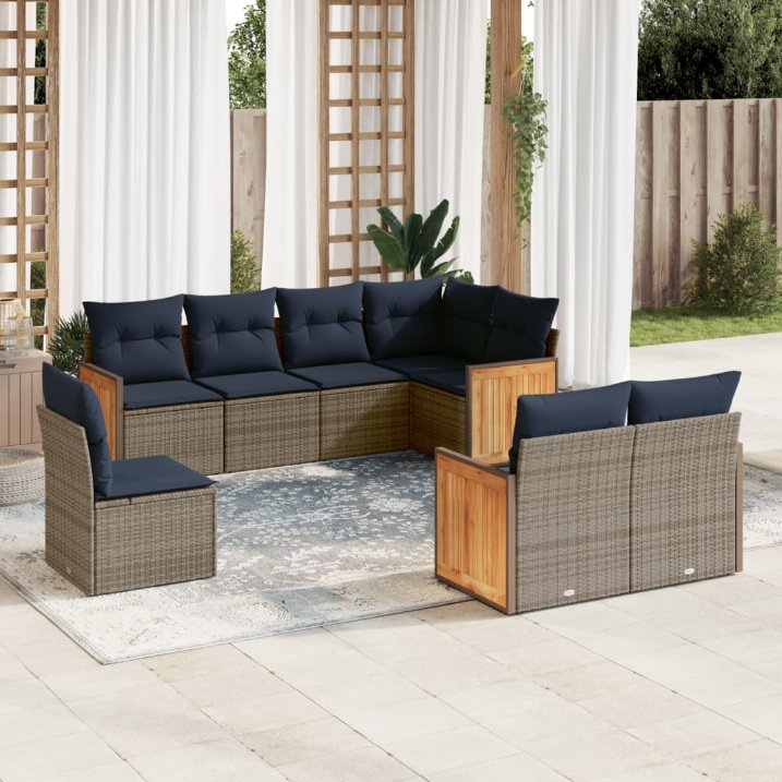 8-teiliges Gartensofa-Set mit Kissen, schwarzes Polyrattan