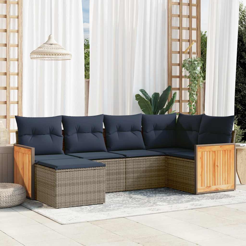 6-teiliges Gartensofa-Set mit Kissen, schwarzes Polyrattan