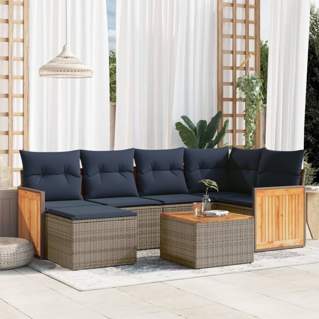 6-teiliges Gartensofa-Set mit Kissen, schwarzes Polyrattan