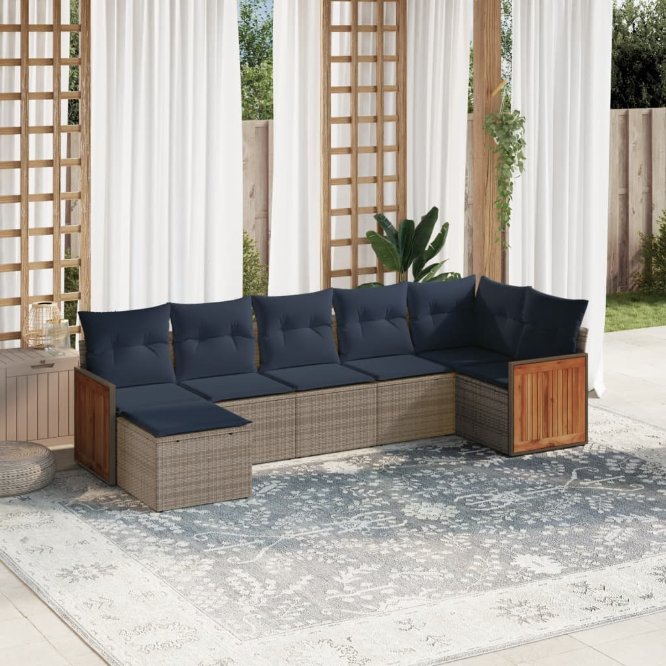 7-teiliges Gartensofa-Set mit Kissen, schwarzes Polyrattan