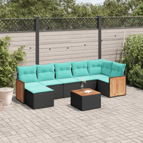 7-teiliges Gartensofa-Set mit Kissen, schwarzes Polyrattan