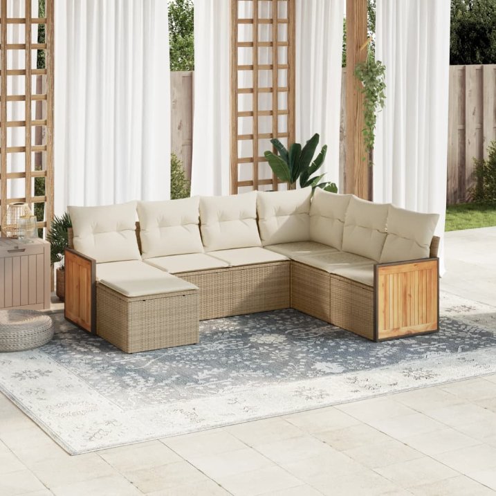 7-tlg. Garten-Sofagarnitur mit Kissen Schwarz Poly Rattan