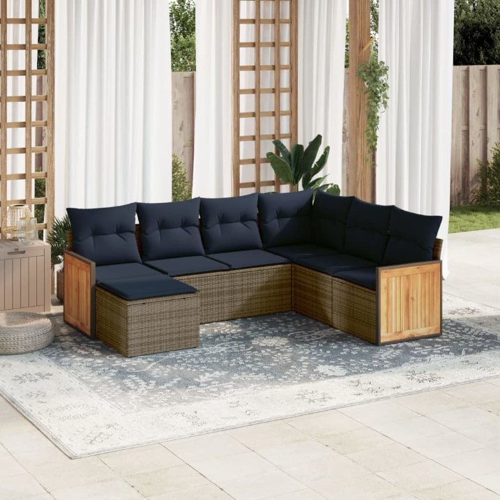 7-teiliges Gartensofa-Set mit Kissen, schwarzes Polyrattan